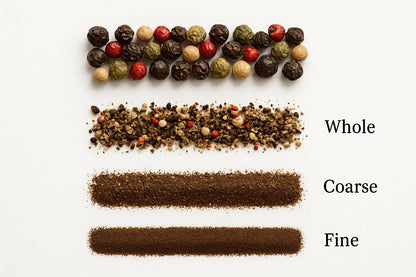 Whole, coarse, and fine pepper comparison with colorful peppercorns and grinds on white background.