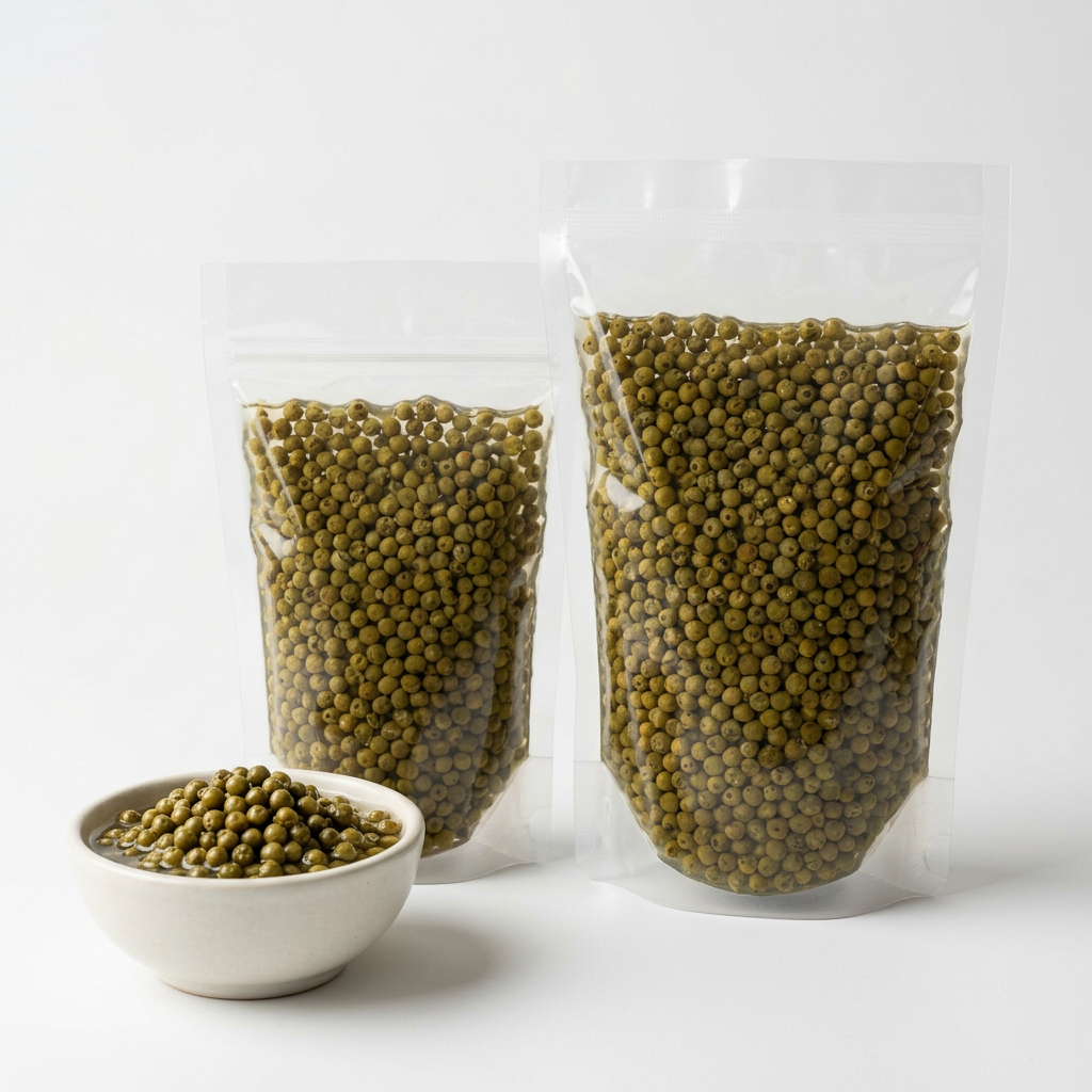 Wholesale green pepper in brine, two bag-format concepts with a bowl