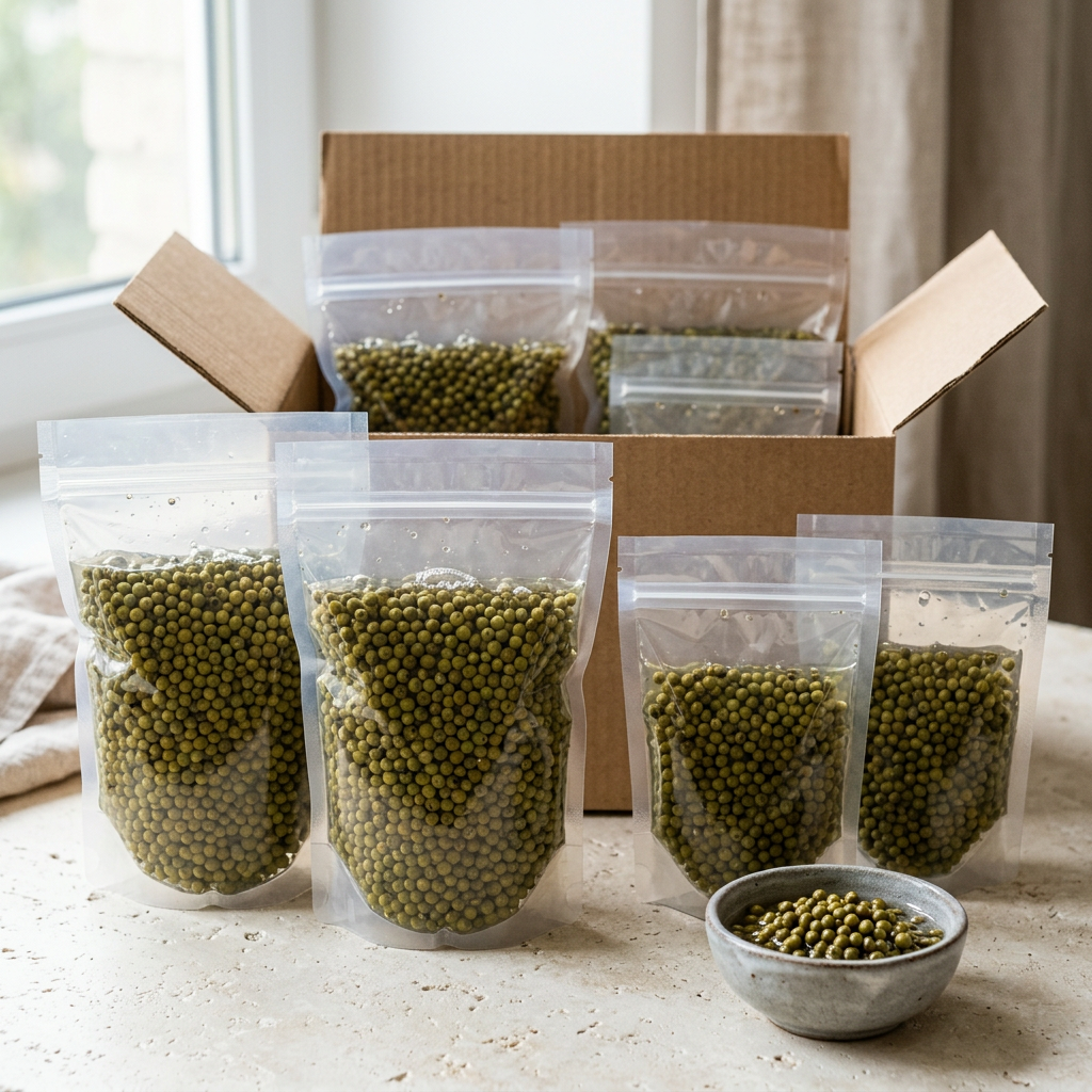 Wholesale green pepper pouches with a shipping carton and ingredient bowl