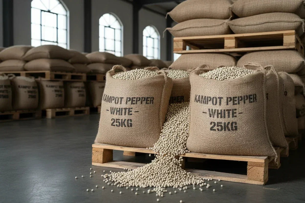 Burlap sacks of Kampot white pepper 25kg spilling onto floor in a warehouse with stacked sacks on pallets