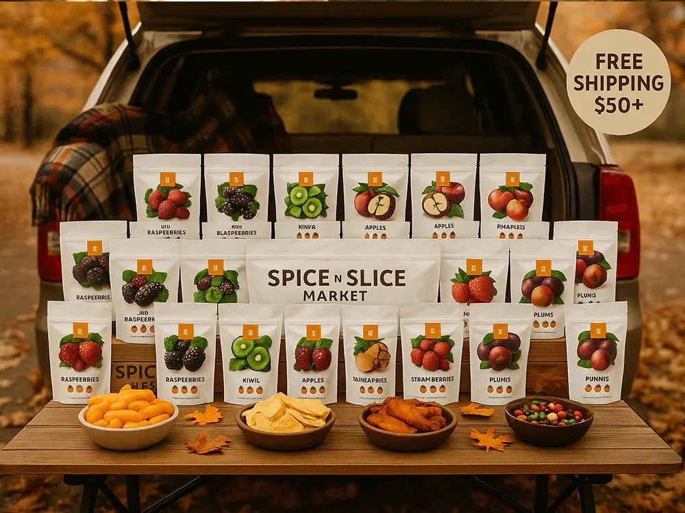 Spice n Slice Market variety of dried fruit snacks displayed on picnic table outdoors with fall leaves and free shipping $50+ sign