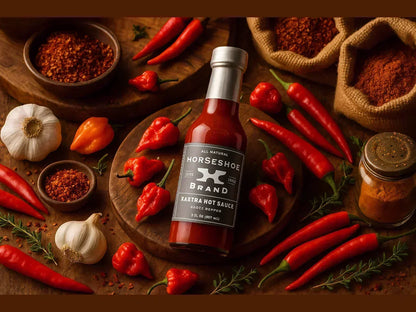 Xxtra hot sauce bottle with red chili peppers, garlic, and spices in a rustic market setting