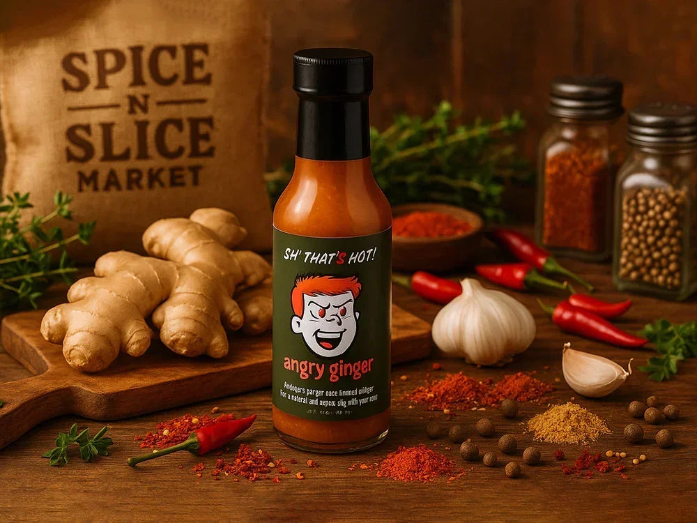 Angry Ginger hot sauce bottle with ginger, garlic, chili peppers, and spices on wooden table