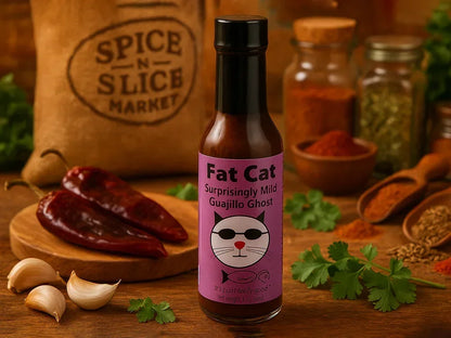 Fat Cat Guajillo Ghost hot sauce bottle with spices, dried chili peppers, garlic, and cilantro